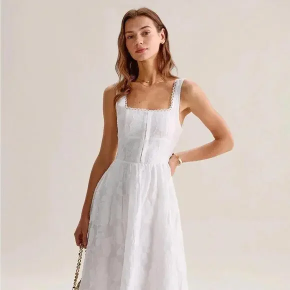 RIHOAS White Jacquard Shirred Slip Midi Dress S - Picture 3 of 6